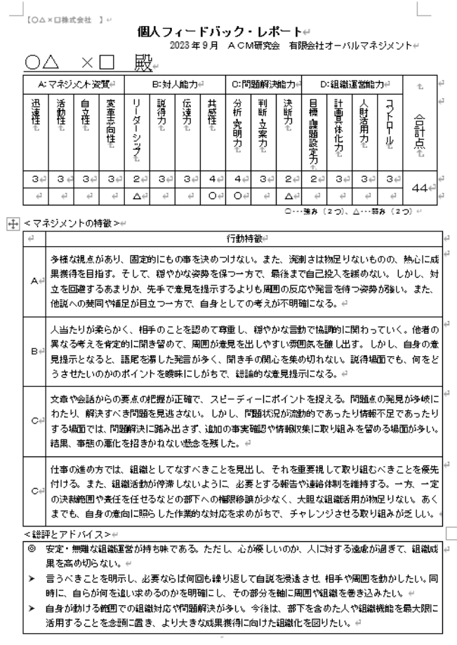 ACMフィードバックレポートのサンプル